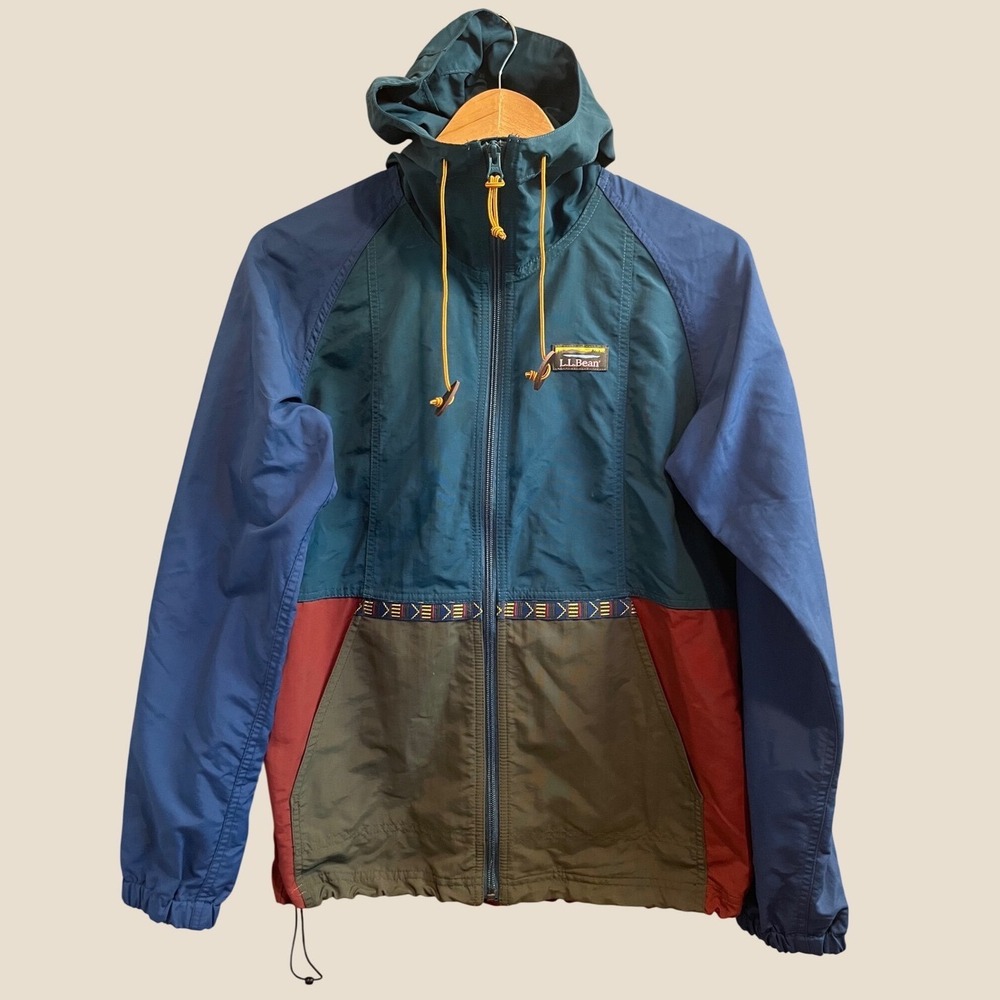 L.L.Bean Anorak Windbreaker Jacket Women XS Blue Colorblock Hooded Full Zip